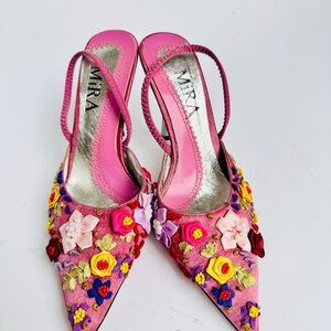 Pink Floral Embroidered Heels